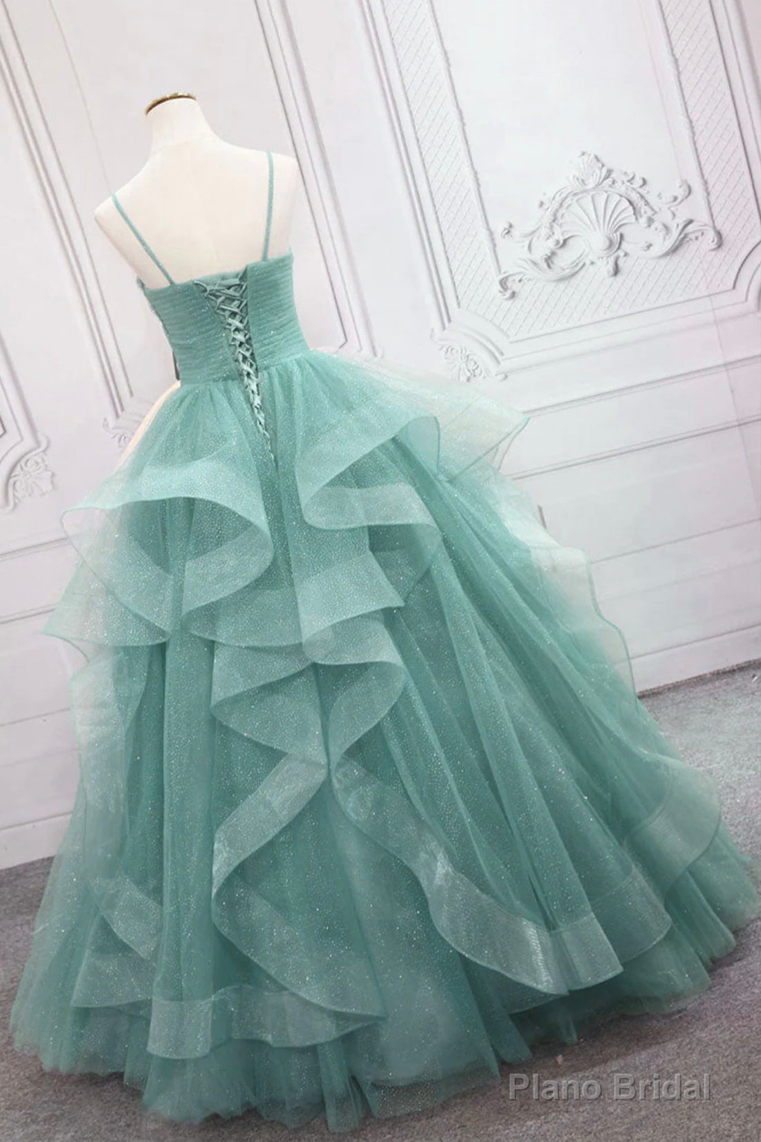 Green Spaghetti Strap Long Prom Dress, Green V-Neck Tulle Evening Dress Secondary image