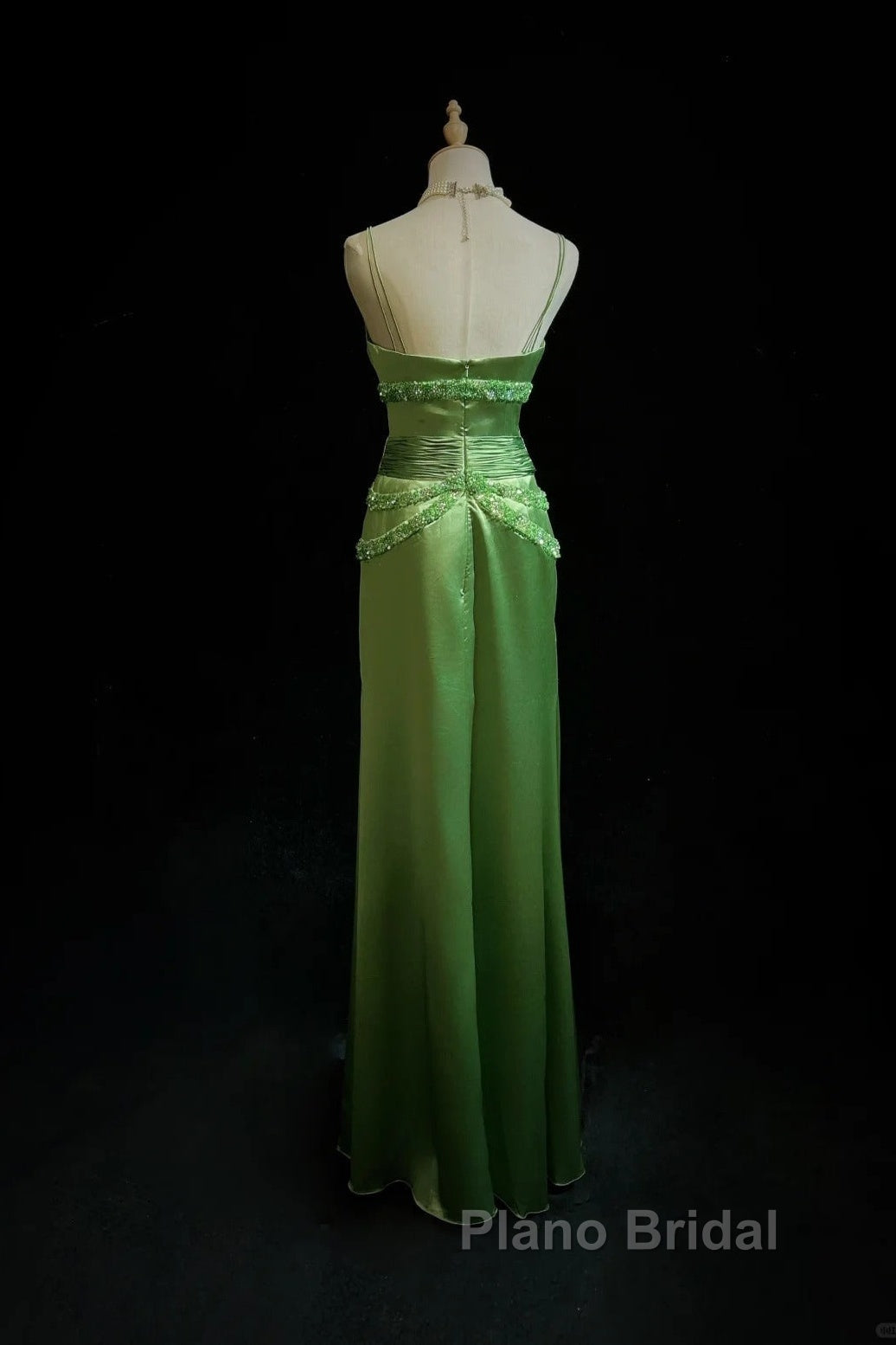 Green Spaghetti Strap Sheath Satin Beaded Formal Prom Dresses Evening Gown Secondary image