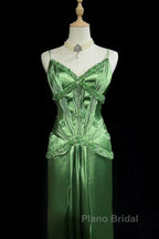 Green Spaghetti Strap Sheath Satin Beaded Formal Prom Dresses Evening Gown