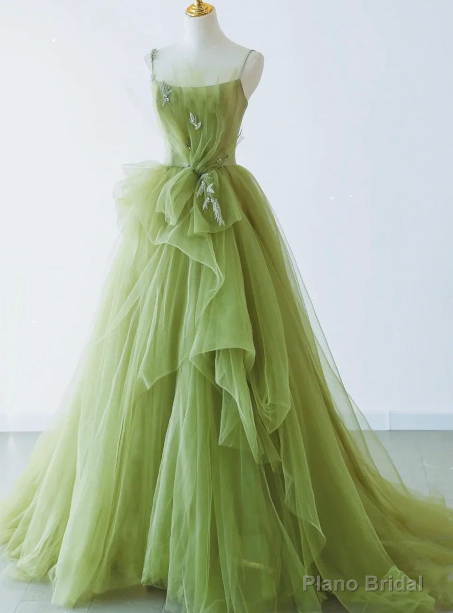 Green Spaghetti Strap Tulle Appliques Prom Dress Main image