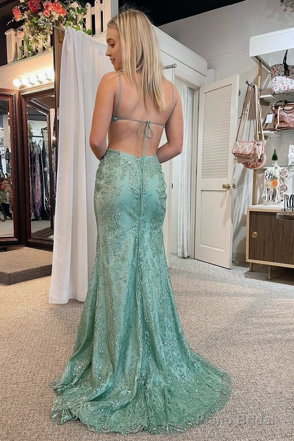 Green Spaghetti Straps Mermaid Backless Prom Dress With Appliques Secondary image