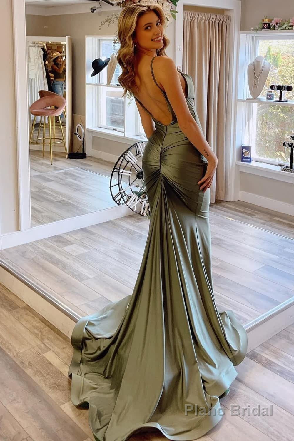 Green Spaghetti Straps Satin Backless Mermaid Prom Dress Secondary image