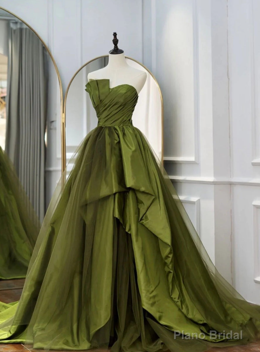 Green Strapless Satin Pleats Prom Dress Main image
