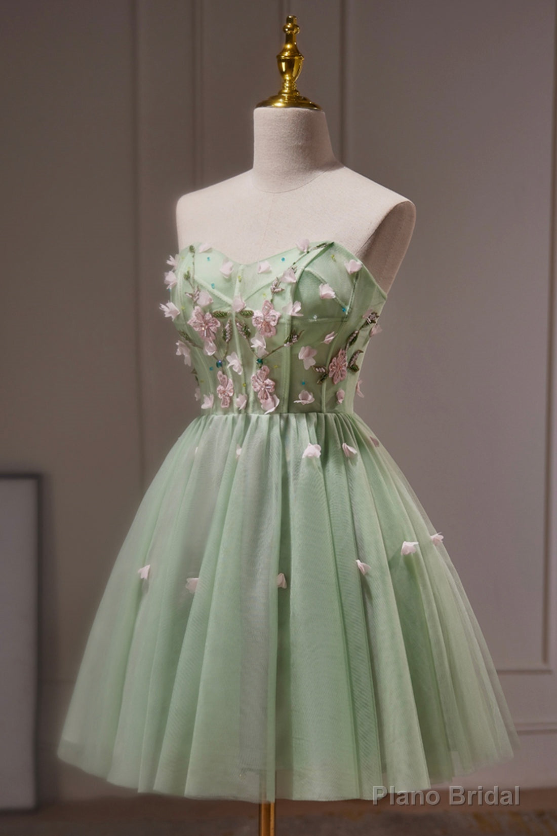 Green Strapless Tulle Short Prom Dress with Lace, Green Party Dress Main image
