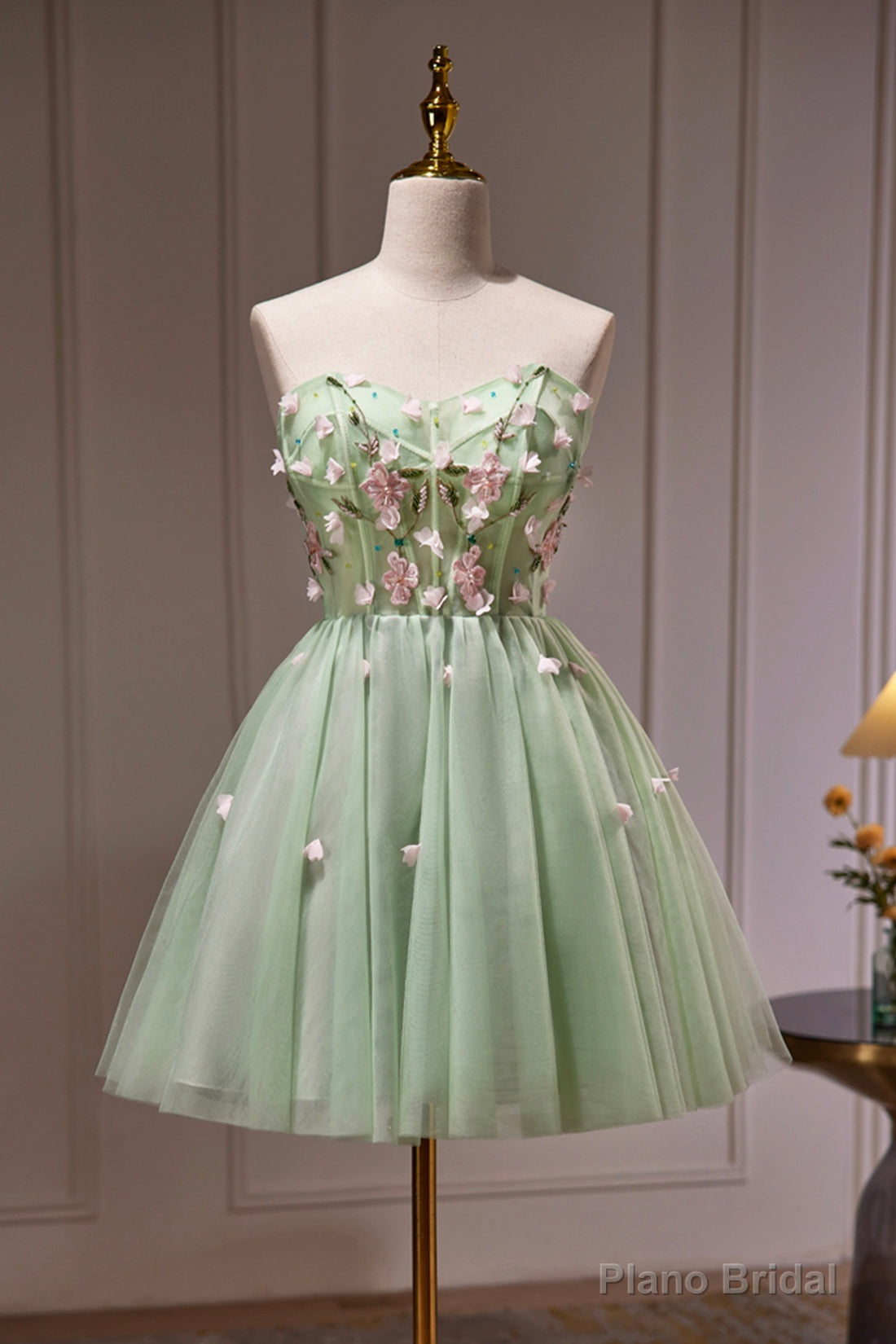 Green Strapless Tulle Short Prom Dress with Lace, Green Party Dress Secondary image