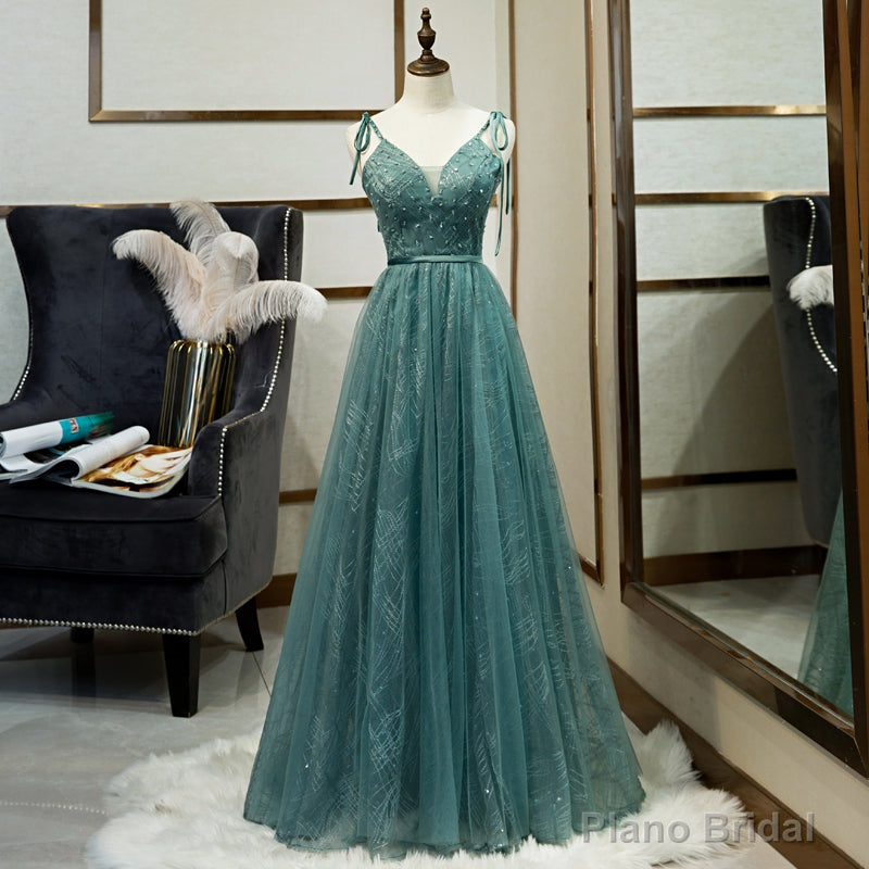 Green Straps V-neckline Floor Length Party Dress, Simple Junior Prom Dresses