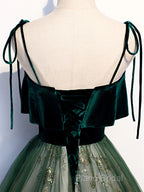 Green Straps Velvet Long Lace Formal Prom Dresses