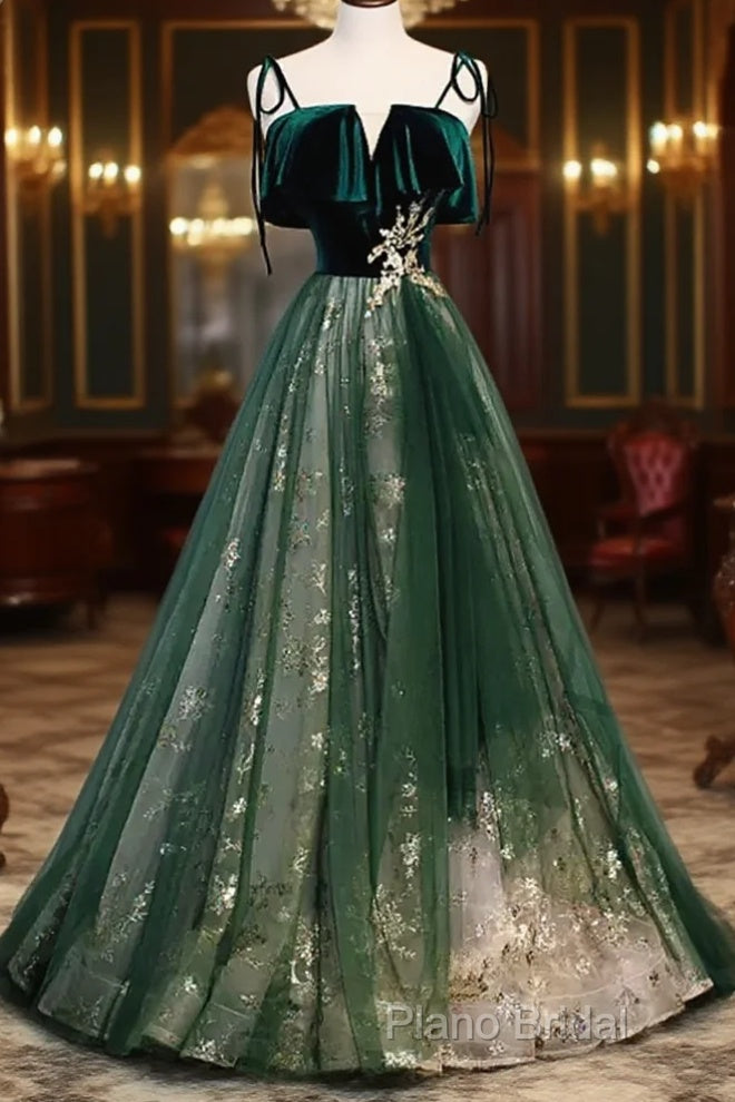 Green Straps Velvet Long Lace Formal Prom Dresses Main image