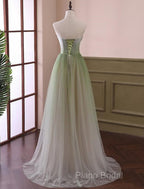 Green Sweetheart Gradient Beaded Tulle Floor Length Party Dresses, Green Junior Formal Prom Dresses