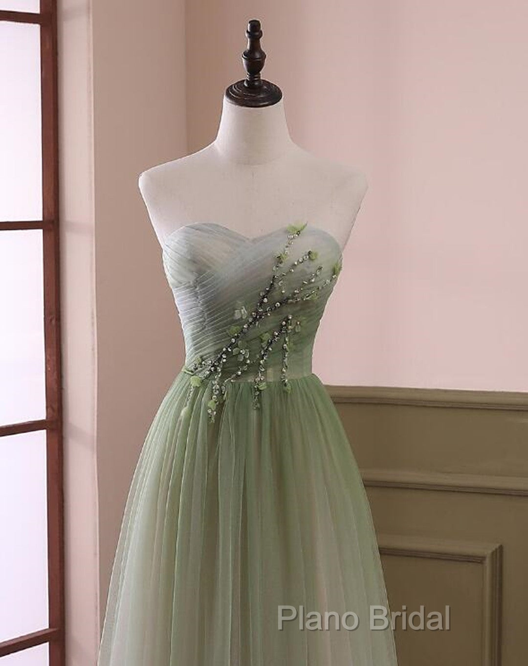 Green Sweetheart Gradient Beaded Tulle Floor Length Party Dresses, Green Junior Formal Prom Dresses