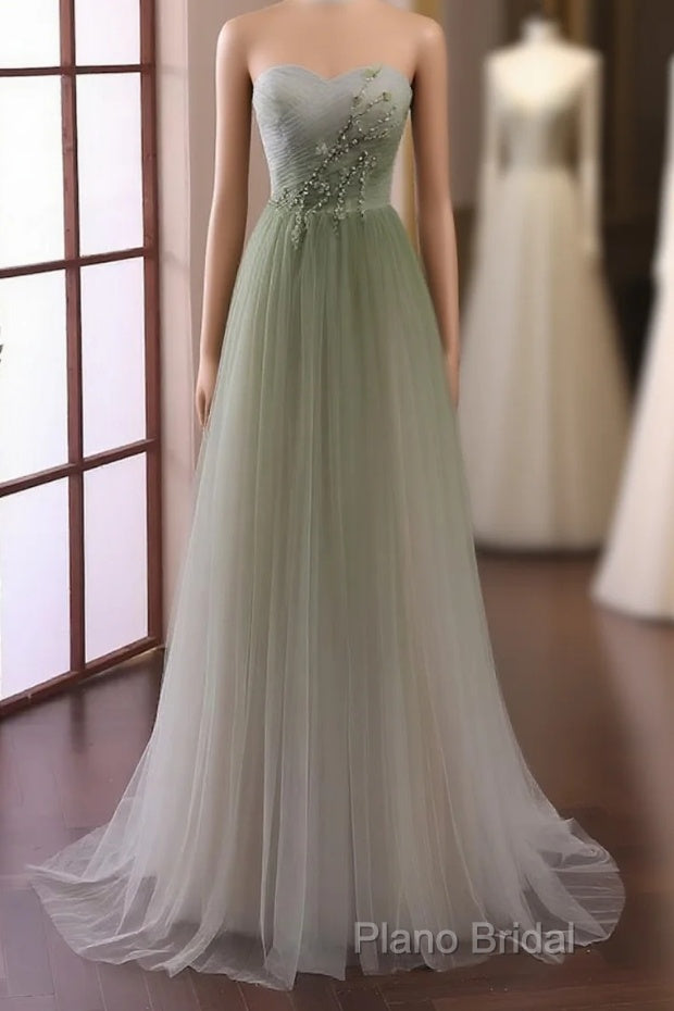 Green Sweetheart Gradient Beaded Tulle Floor Length Party Dresses, Green Junior Formal Prom Dresses