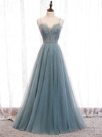 Green Sweetheart Neck Tulle Sequin Long Prom Dress Green Evening Dress