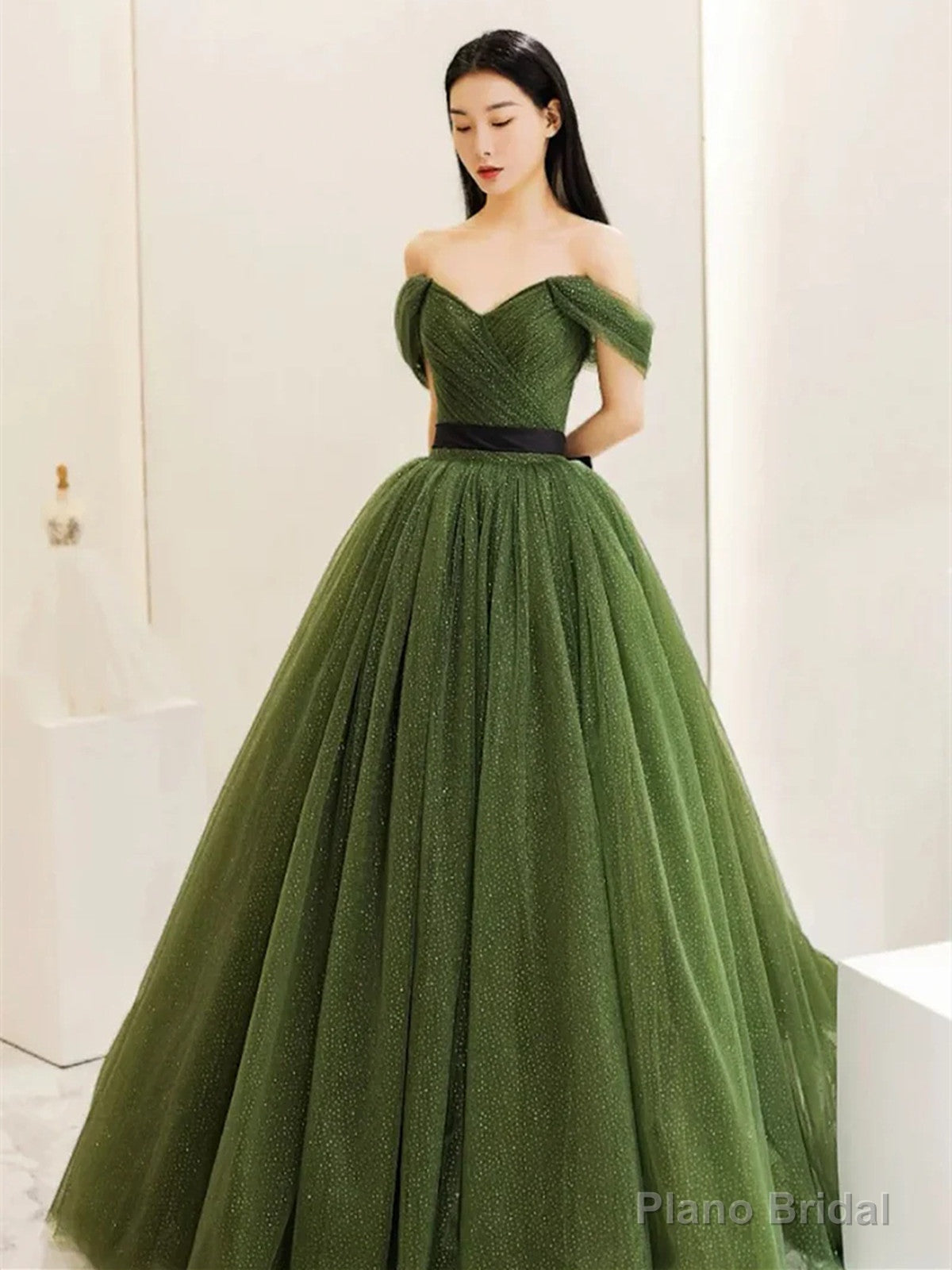 Green Sweetheart Shiny Tulle Off Shoulder Party Dress, Green Long Prom Dress Main image