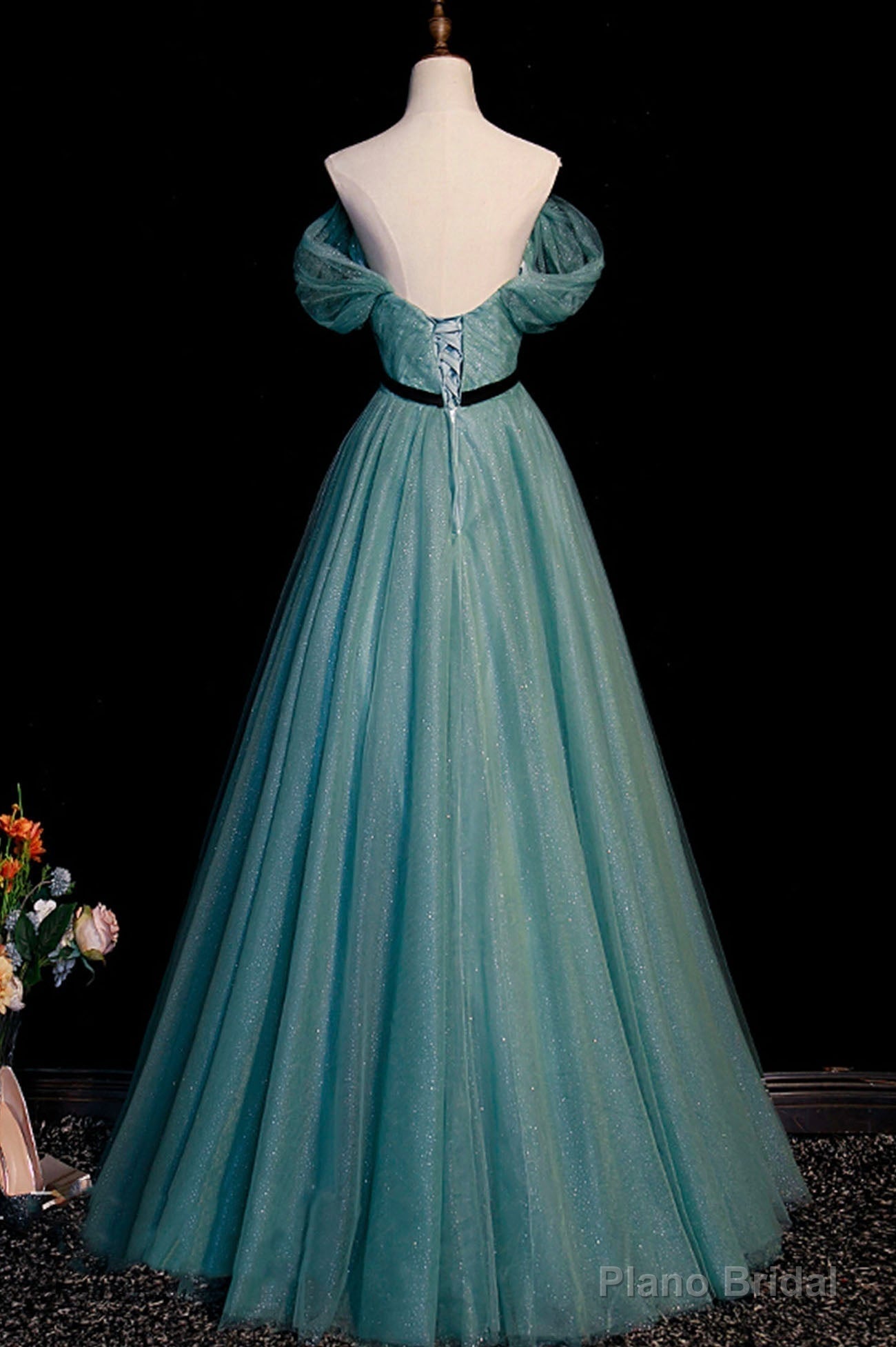 Green Tulle A-Line Off Shoulder Party Dress, Simple Long Prom Dress