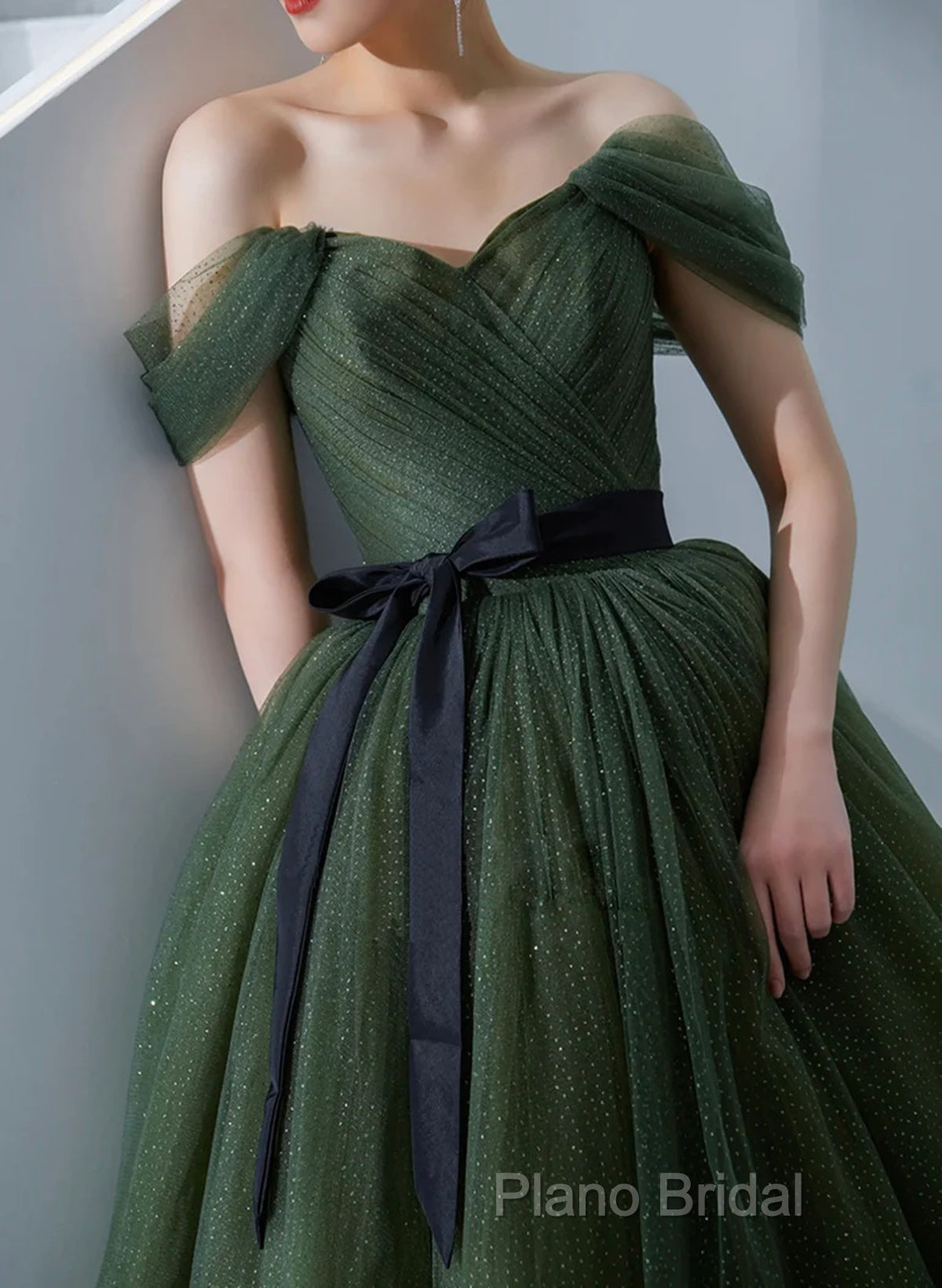 Green Tulle A-Line Off Shoulder Formal Prom Dresses, Green Tull Long Formal Dresses Formal Dresses