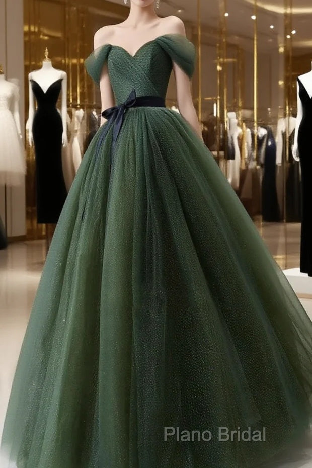 Green Tulle A-Line Off Shoulder Formal Prom Dresses, Green Tull Long Formal Dresses Formal Dresses Main image