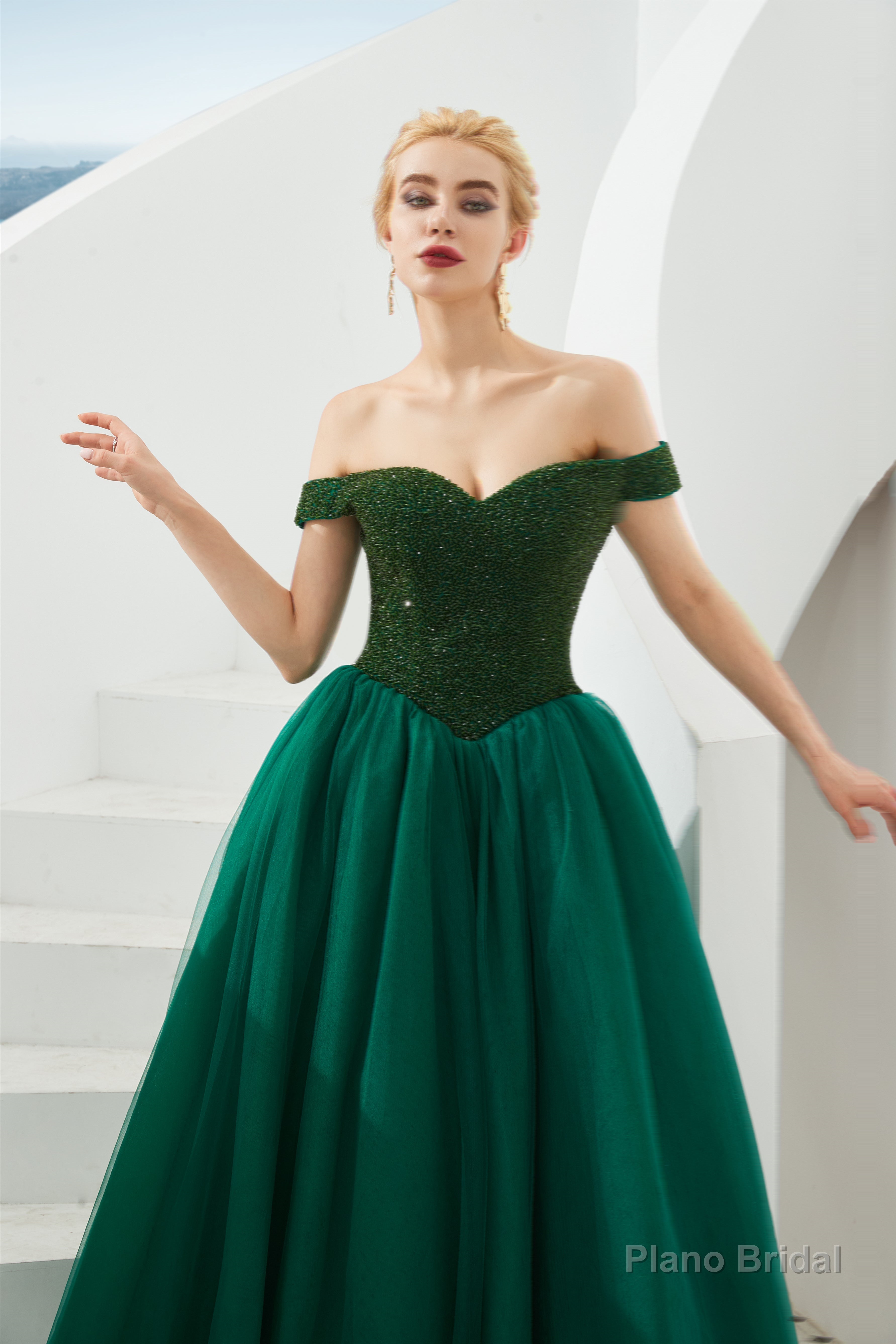 Tulle A line Off Shoulder Sweetheart Beaded Bodice Long Prom Dresses