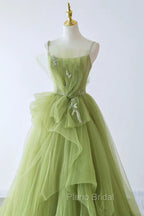 Green Tulle Beaded Long Party Dresses, Green Tulle Evening Dresses Formal Gown