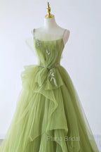 Green Tulle Beaded Long Party Dresses, Green Tulle Evening Dresses Formal Gown
