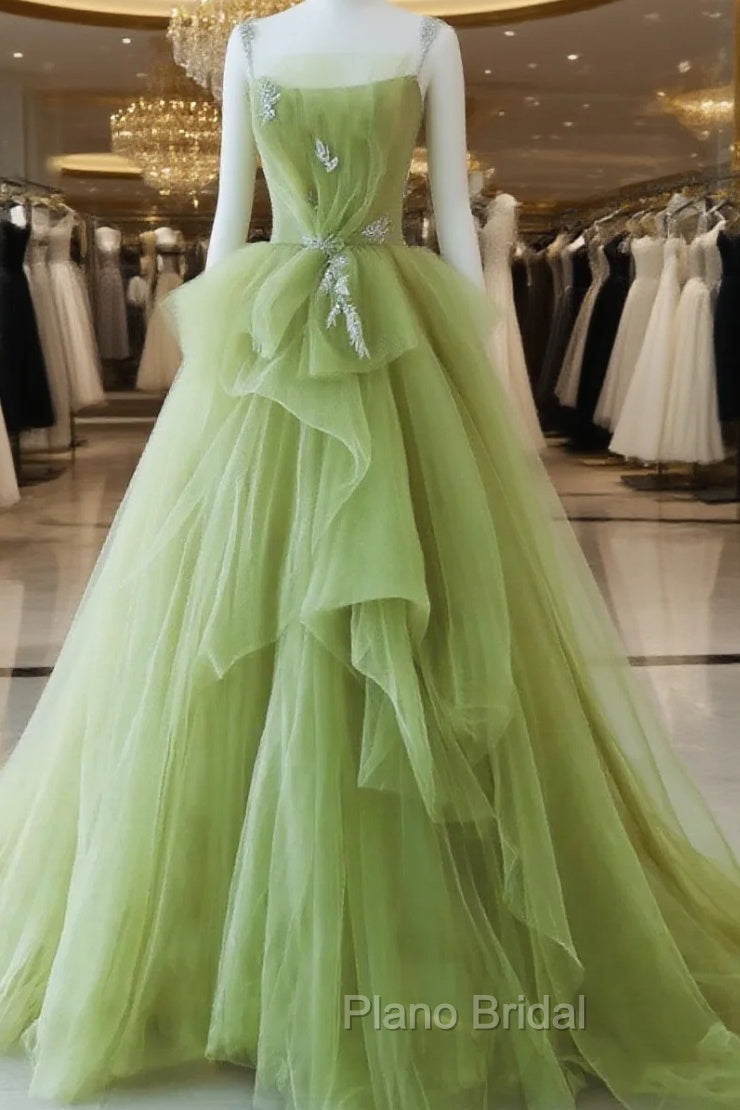 Green Tulle Beaded Long Party Dresses, Green Tulle Evening Dresses Formal Gown Main image