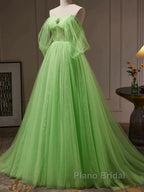 Green Tulle Beading Off Shoulder Sparkle Formal Prom Dresses