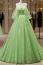Green Tulle Beading Off Shoulder Sparkle Formal Prom Dresses