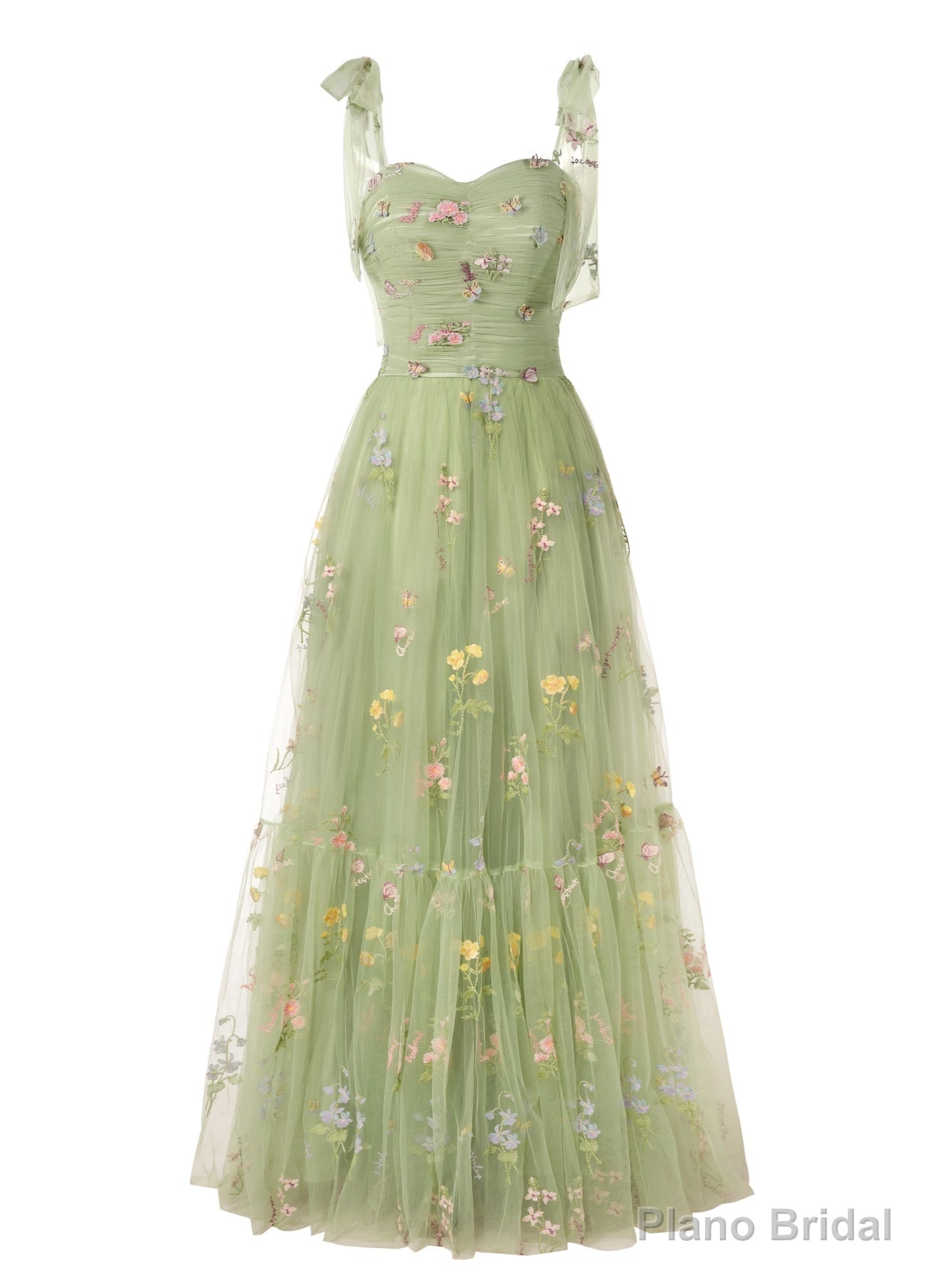 Green Tulle Embroidery Lace Straps Prom Dress