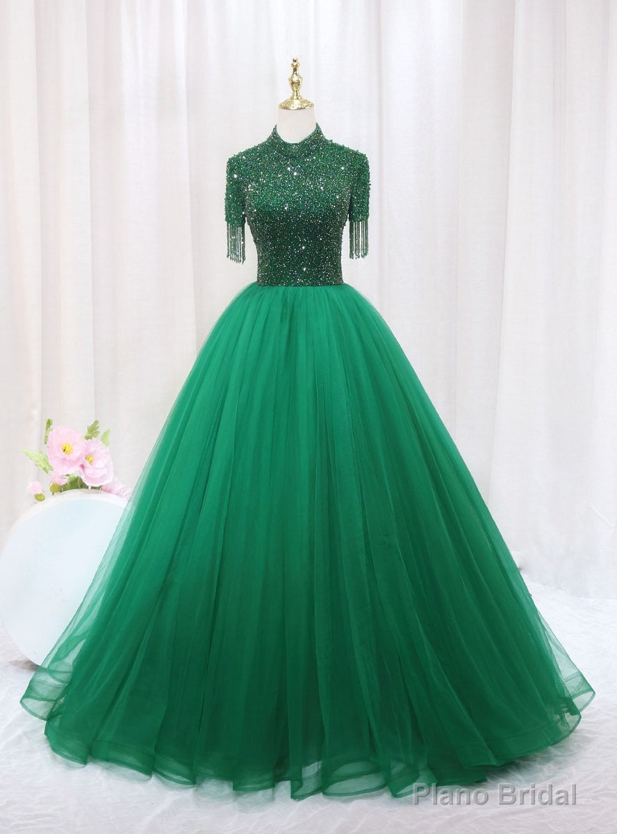 Green Tulle High Neck Short Sleeve Beading Prom Dress Main image