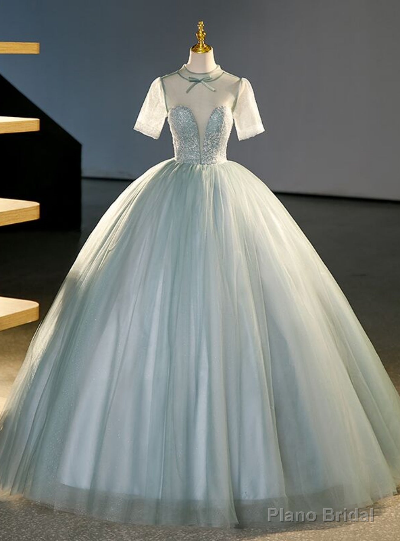 Green Tulle High Neck Short Sleeve Quinceanera Dress Main image