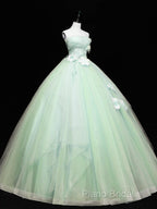 Green Tulle Lace Applique Long Formal Prom Dresses, Green Sweet 16 Dresses