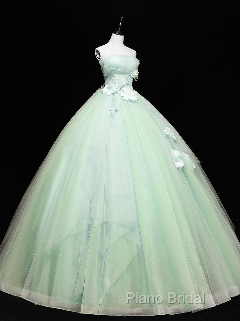 Green Tulle Lace Applique Long Formal Prom Dresses, Green Sweet 16 Dresses