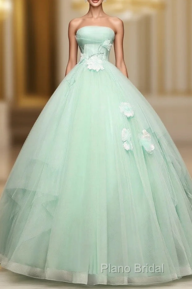 Green Tulle Lace Applique Long Formal Prom Dresses, Green Sweet 16 Dresses Main image