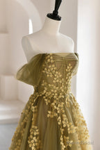 Green Tulle Lace Long Prom Dress, A-Line Off the Shoulder Evening Dress