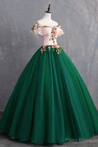 Green Tulle Lace Long Prom Dress, Cute Off Shoulder Evening Dress Party Dress
