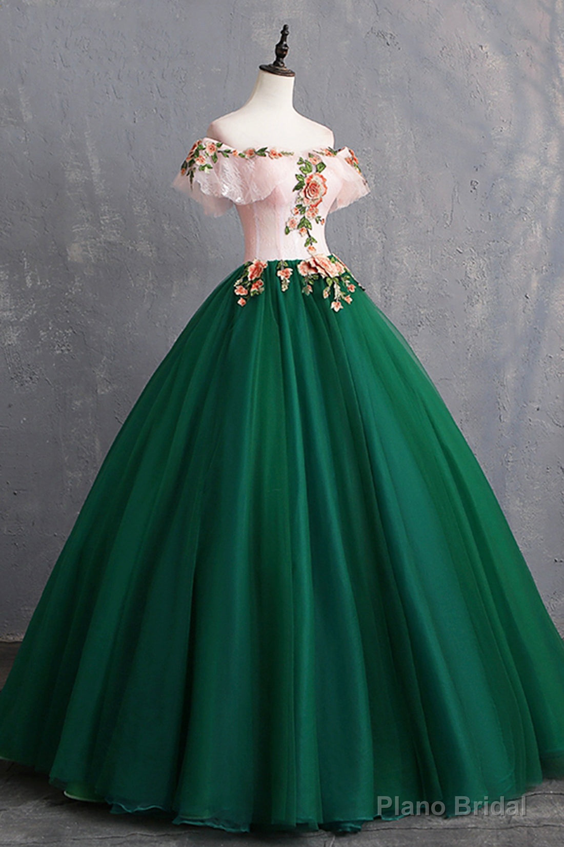 Green Tulle Lace Long Prom Dress, Cute Off Shoulder Evening Dress Party Dress