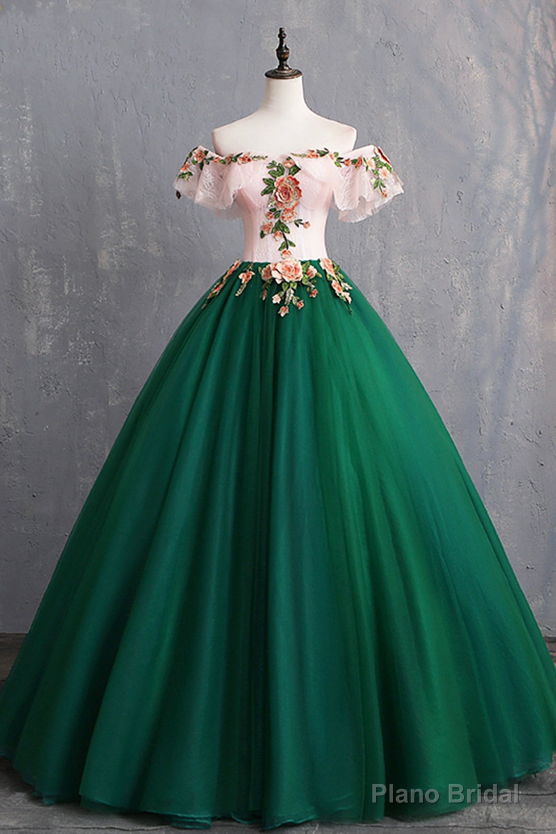 Green Tulle Lace Long Prom Dress, Cute Off Shoulder Evening Dress Party Dress Secondary image
