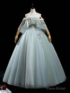 Green Tulle Lace Long Prom Dress, Green Tulle Lace Ball Gown Sweet 16 Dress