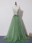 Green Tulle Lace Long Prom Dress, Green Tulle Long Formal Graduation Dress