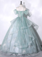 Green Tulle Lace Long Prom Dresses, Green Lace Long Sweet 16 Dress