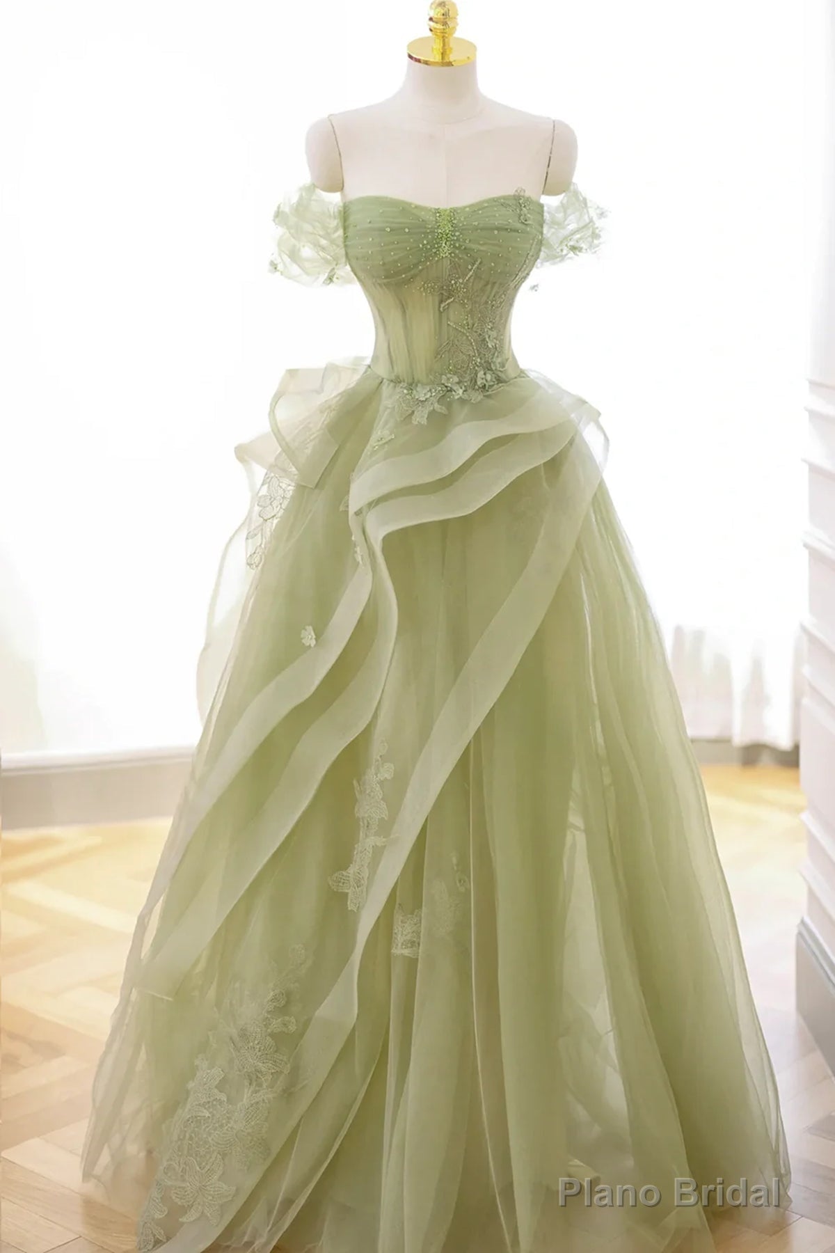 Green Tulle Lace Long Prom Dresses, Green Tulle Lace Formal Evening Dresses Main image