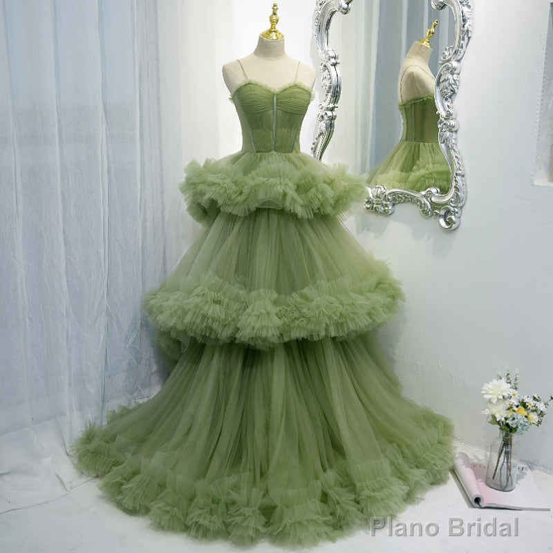 Green Tulle Layers Straps Sweetheart Long Evening Dress Party Dress, Green Formal Dress Secondary image