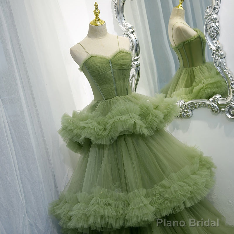 Green Tulle Layers Straps Sweetheart Long Evening Dress Party Dress, Green Formal Dress