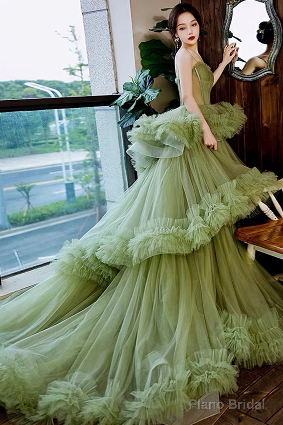Green Tulle Layers Straps Sweetheart Long Evening Dress Party Dress, Green Formal Dress Main image