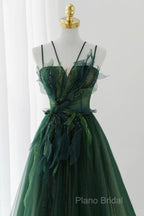 Green Tulle Long A-Line Formal Prom Dresses, Beautiful Spaghetti Straps Formal Dresses