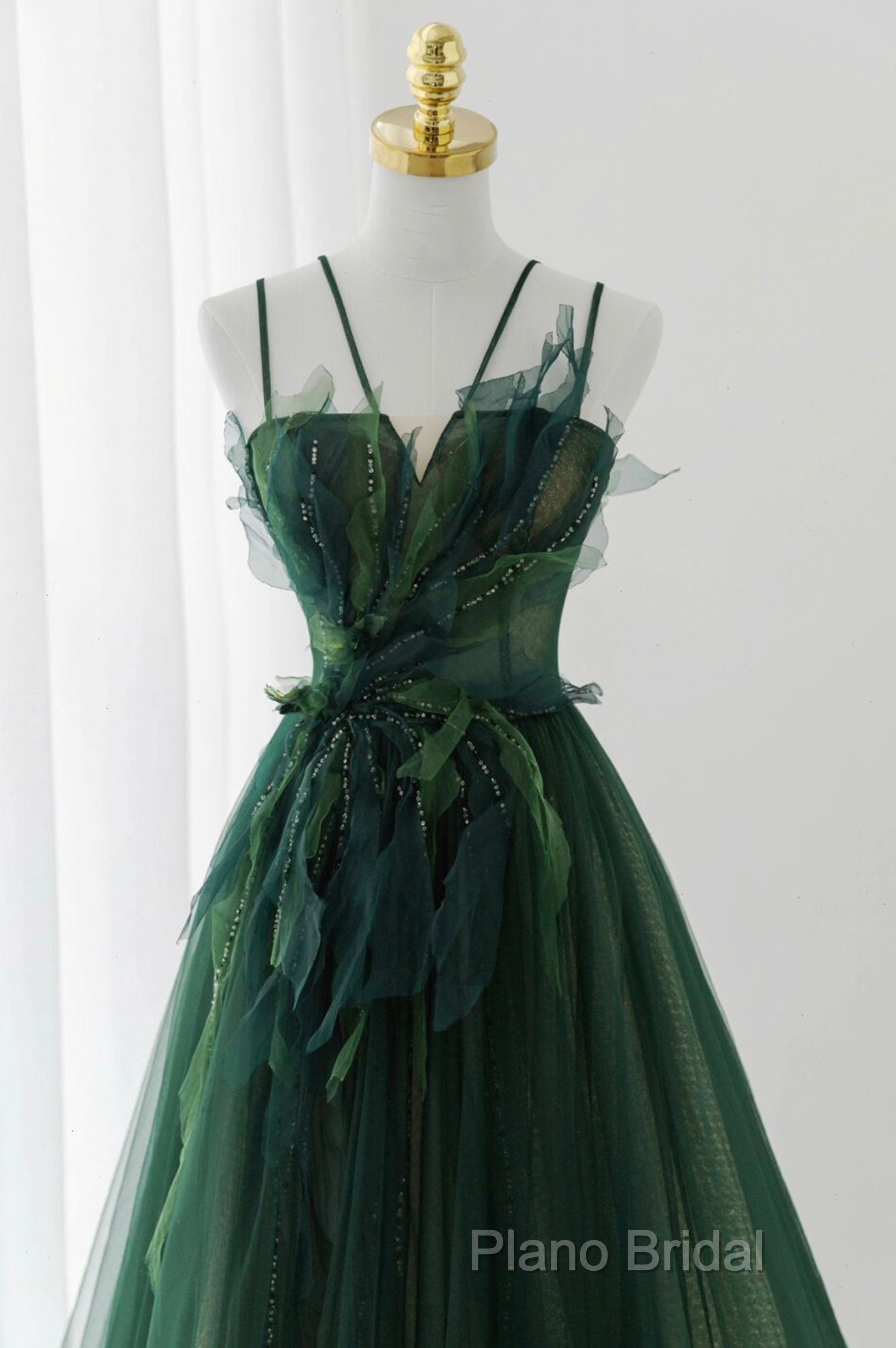 Green Tulle Long A-Line Formal Prom Dresses, Beautiful Spaghetti Straps Formal Dresses