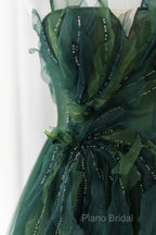 Green Tulle Long A-Line Formal Prom Dresses, Beautiful Spaghetti Straps Formal Dresses