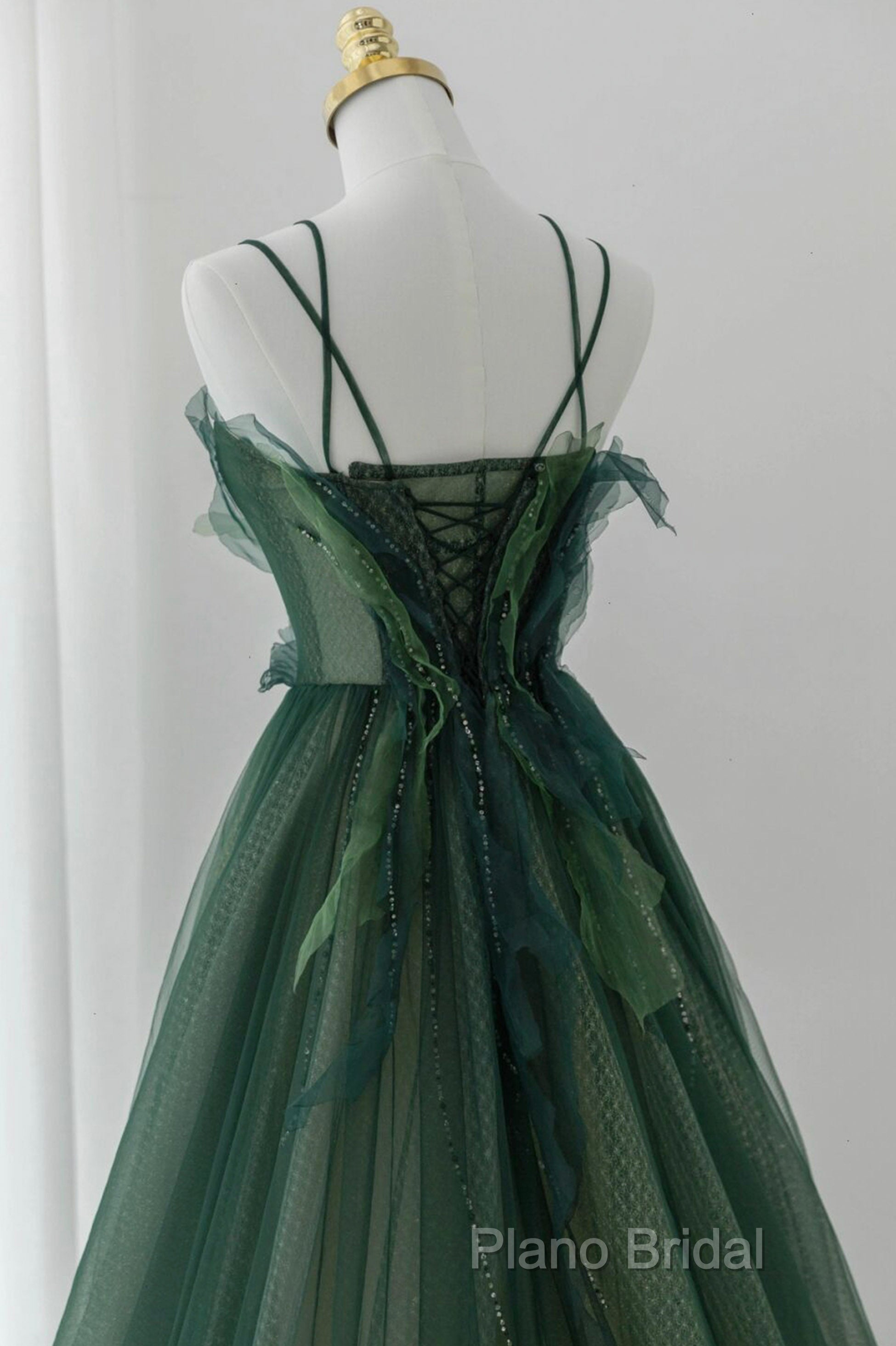 Green Tulle Long A-Line Formal Prom Dresses, Beautiful Spaghetti Straps Formal Dresses