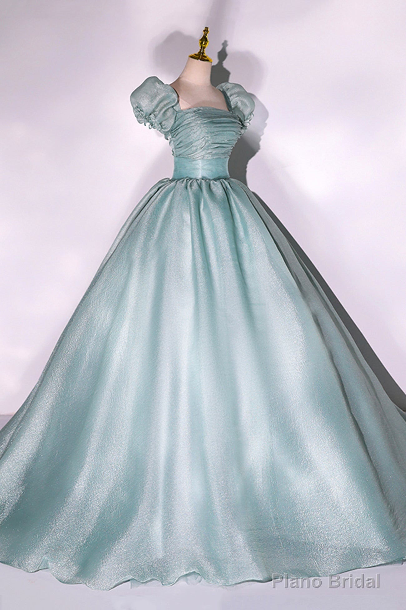 Green Tulle Long A-Line Prom Dress, Cute Short Sleeve Evening Party Dress Main image