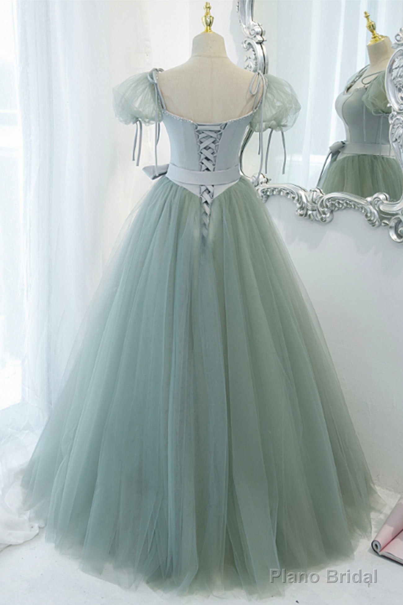 Green Tulle Long A-Line Prom Dress, Cute Short Sleeve Graduation Dress Secondary image