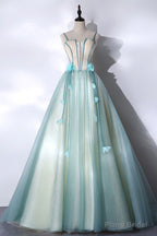 Green Tulle Long A-Line Prom Dress, Green Spaghetti Straps Graduation Dress